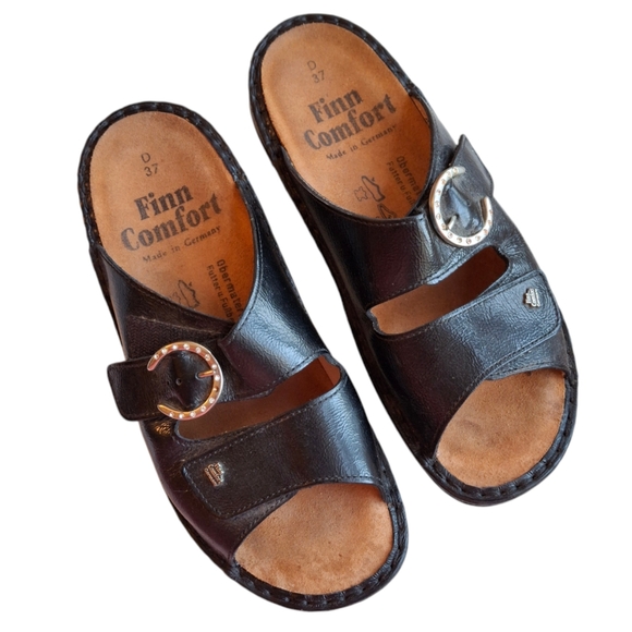 Finn Comfort Mumbai Black Leather Slip-On Sandals Women Size 7 Made in Germany - Picture 1 of 13